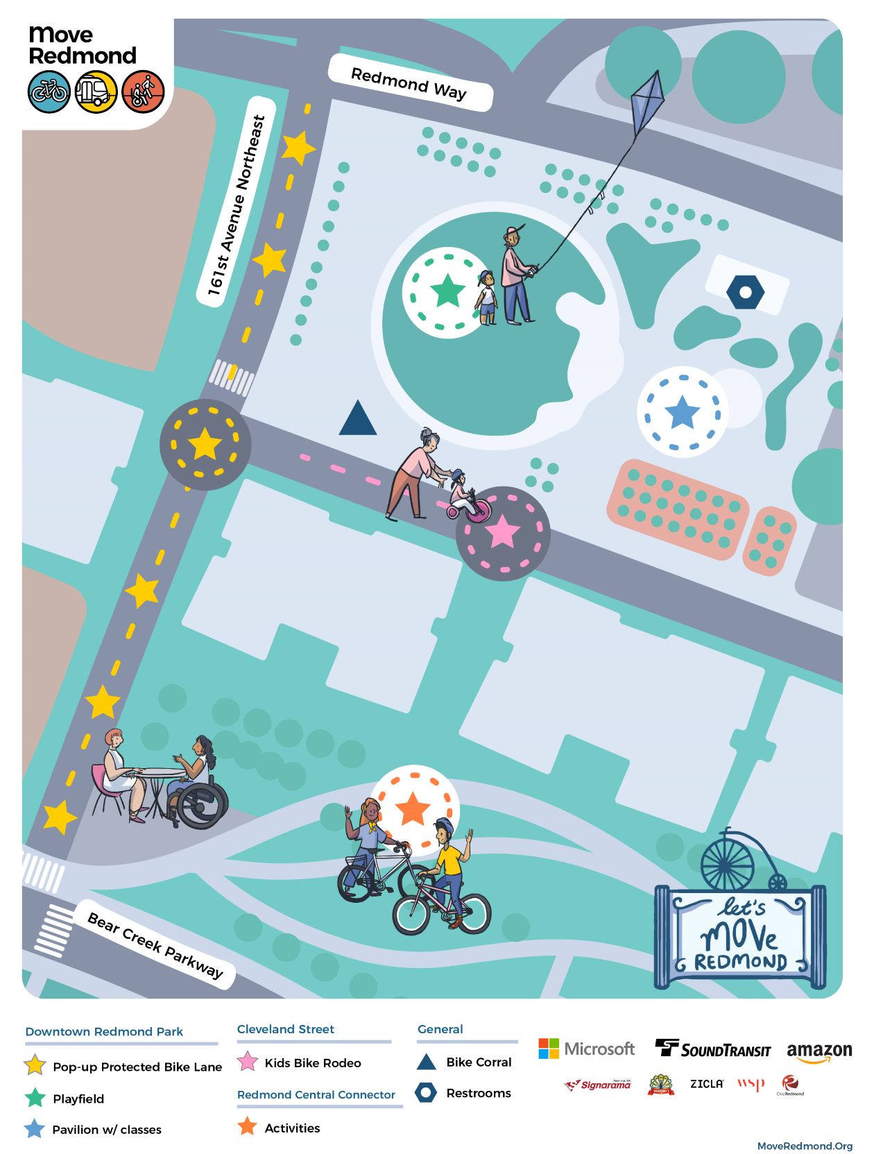 Illustrated map of Downtown Redmond Park, 161st Street and Redmond Central connector park. There will be activities at Redmond Central Connector Park and in Downtown Redmond Park. Along 161st will be a pop up protected bike lane. The Kids bike rodeo will happen on Cleveland Street in front of Downtown Redmond Park. Bathrooms in Downtown Redmond Park.