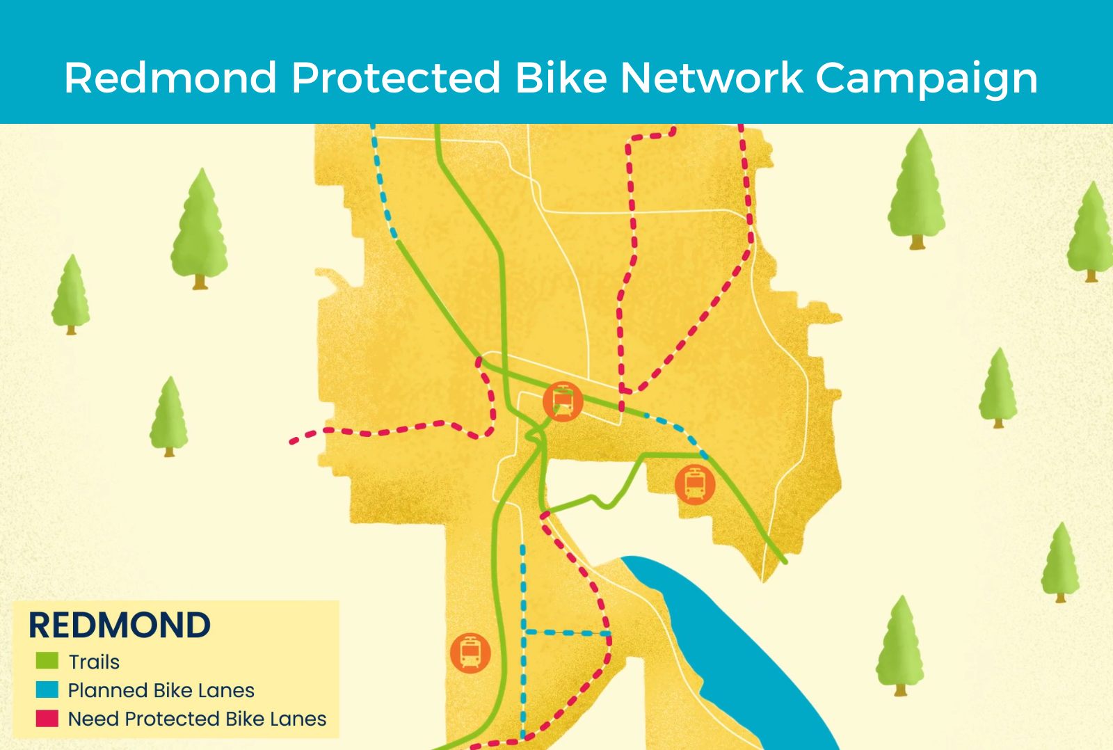 Illustrated map of Redmond marking out trails in green, planned bike lanes in blue, and needed bike lanes in red.