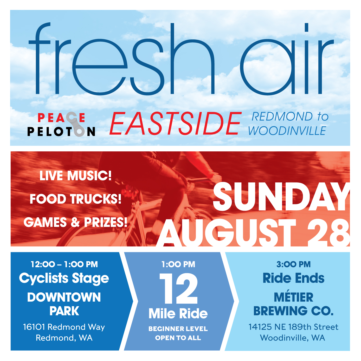 Graphic in Blue and Red that reads: Fresh Air Eastside Sunday August 28th cyclists stage downtown Redmond park 12 - 1 PM Ride 12 Miles to Meiter Brewing Co in Woodinville