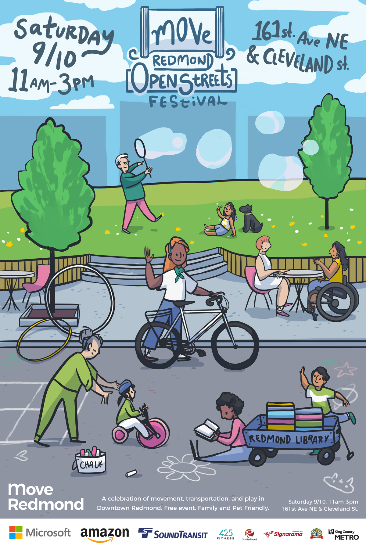 Graphic illustration of figures playing in the street, blowing bubbles, walking bikes, talking at a table sitting in a wheelchair. Move Redmond Open Streets Festival 9/10 11-3 161st and Cleveland Street